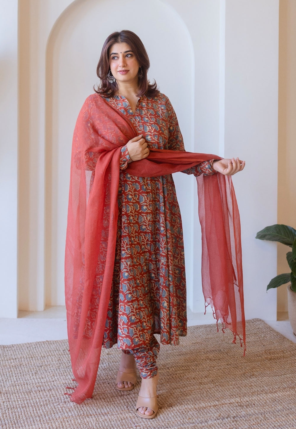 Shinat Red Ajrakh Cotton Kali Kurta with Hand Embroidery