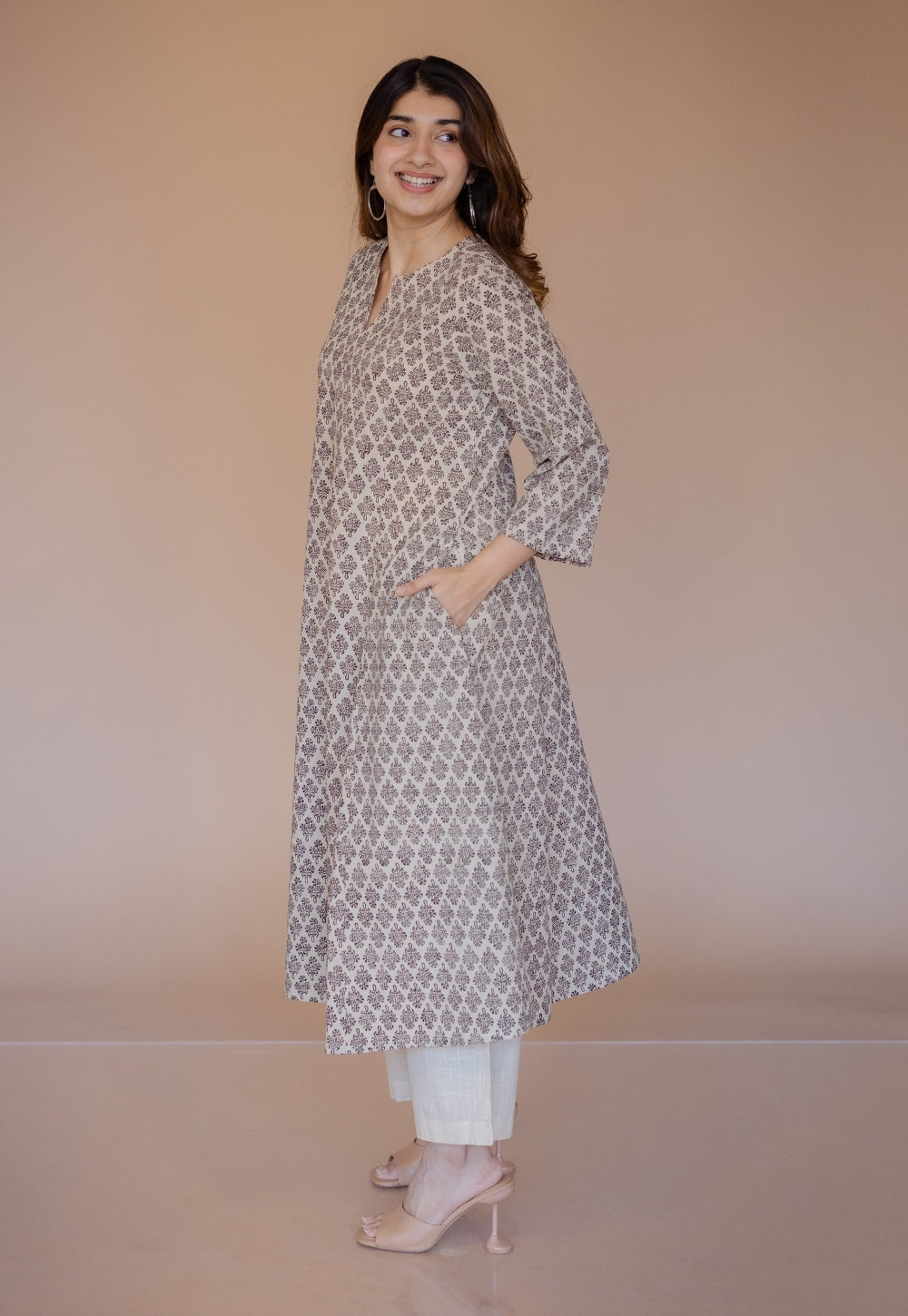 Malika Off White Bagru Cotton Kali Kurta