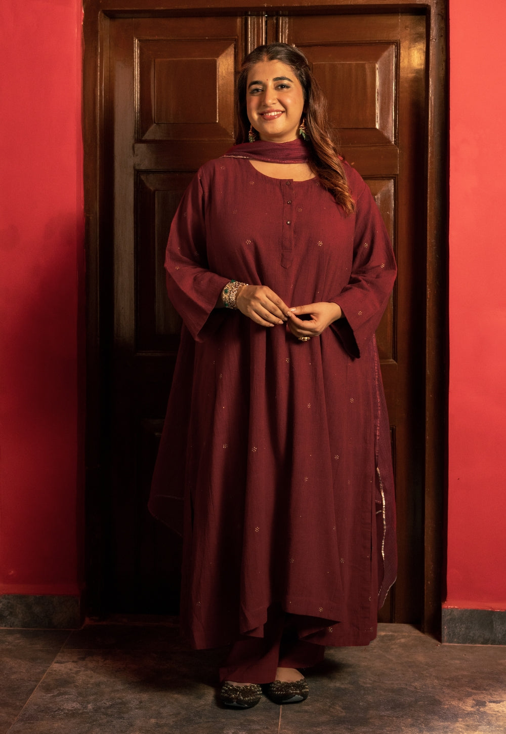 Alizah Maroon Rogan Handblock Printed Cotton Jhabbha Kali Suit Set (Set of 3)