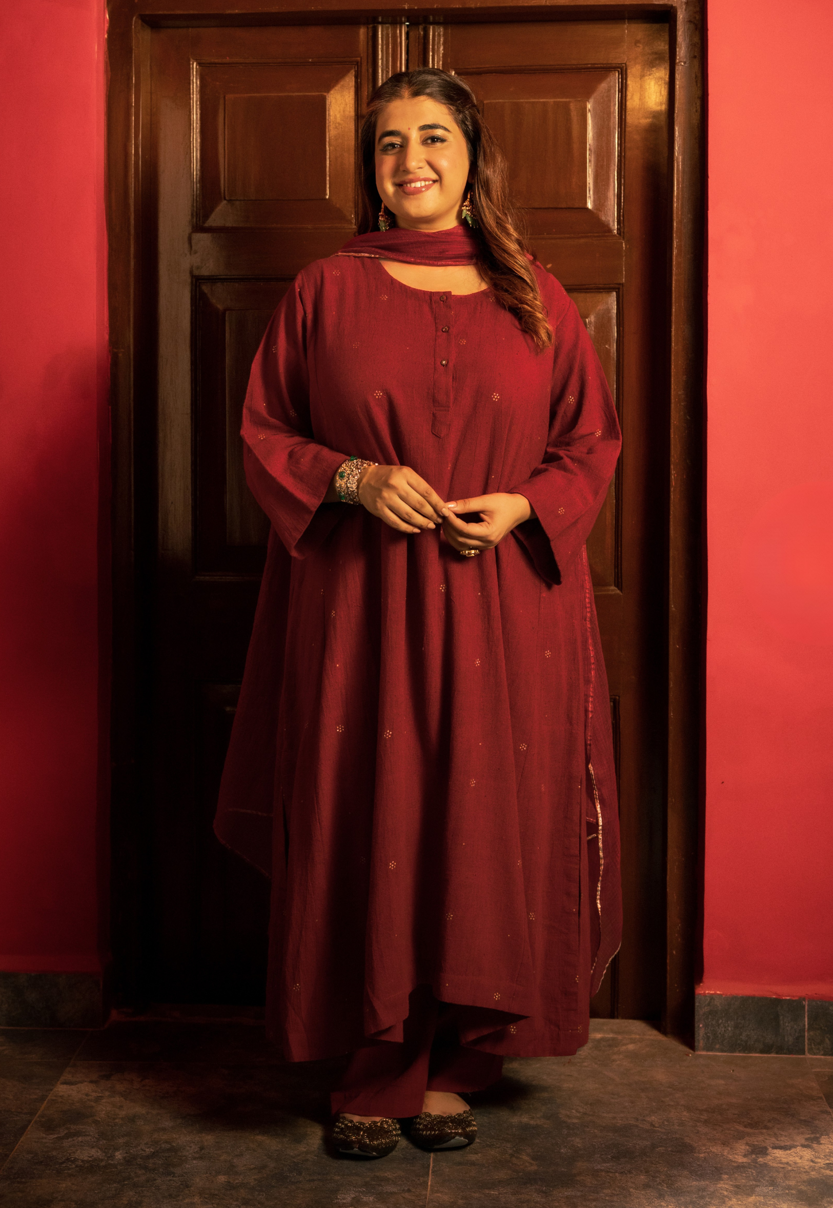 Alizah Red Rogan Handblock Printed Cotton Flex Suit Set (Set of 3)
