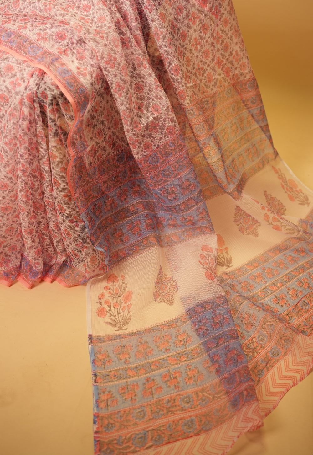 Pink Floral Sanganeri Hand Block Print Kota Doria Saree