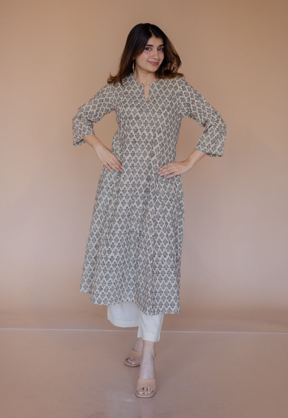 Malika Off White Bagru Cotton Kali Kurta