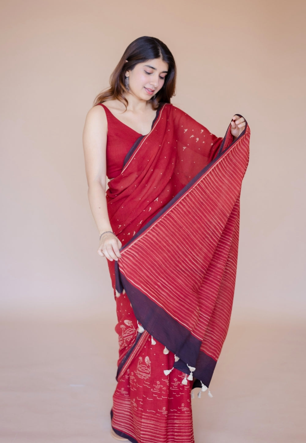 Red Stripes Ajrakh Hand Block Print Mul Saree