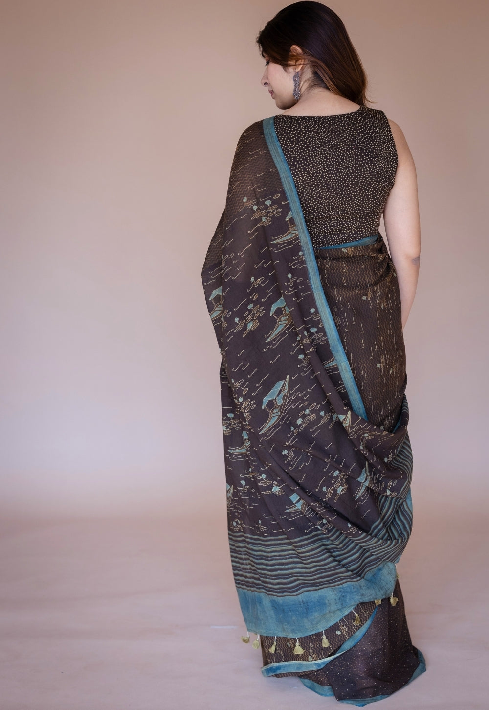 Brown Boat Ajrakh Hand Block Print Mul Saree