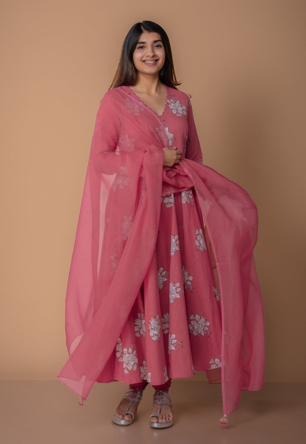 Ruvika Pink Dabu Slub Cotton A Line Kurta