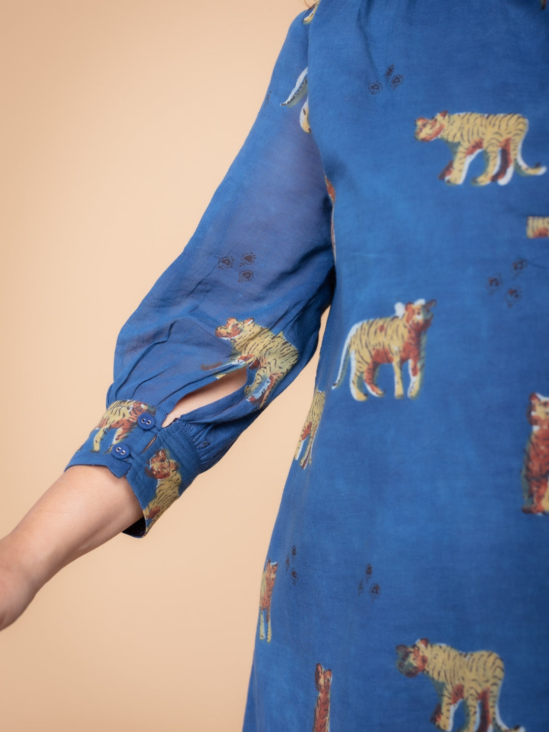Ridah Blue Ajrakh Mul A Line Dress