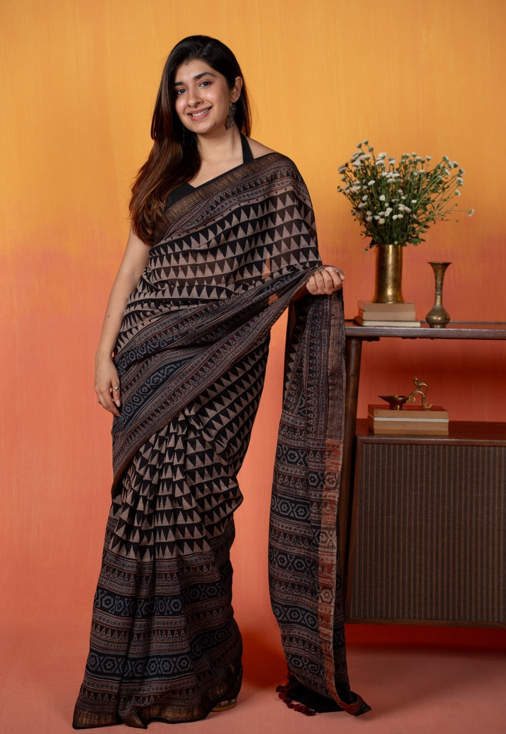 Black Tribal Ajrakh Hand Block Print Maheshwari Saree