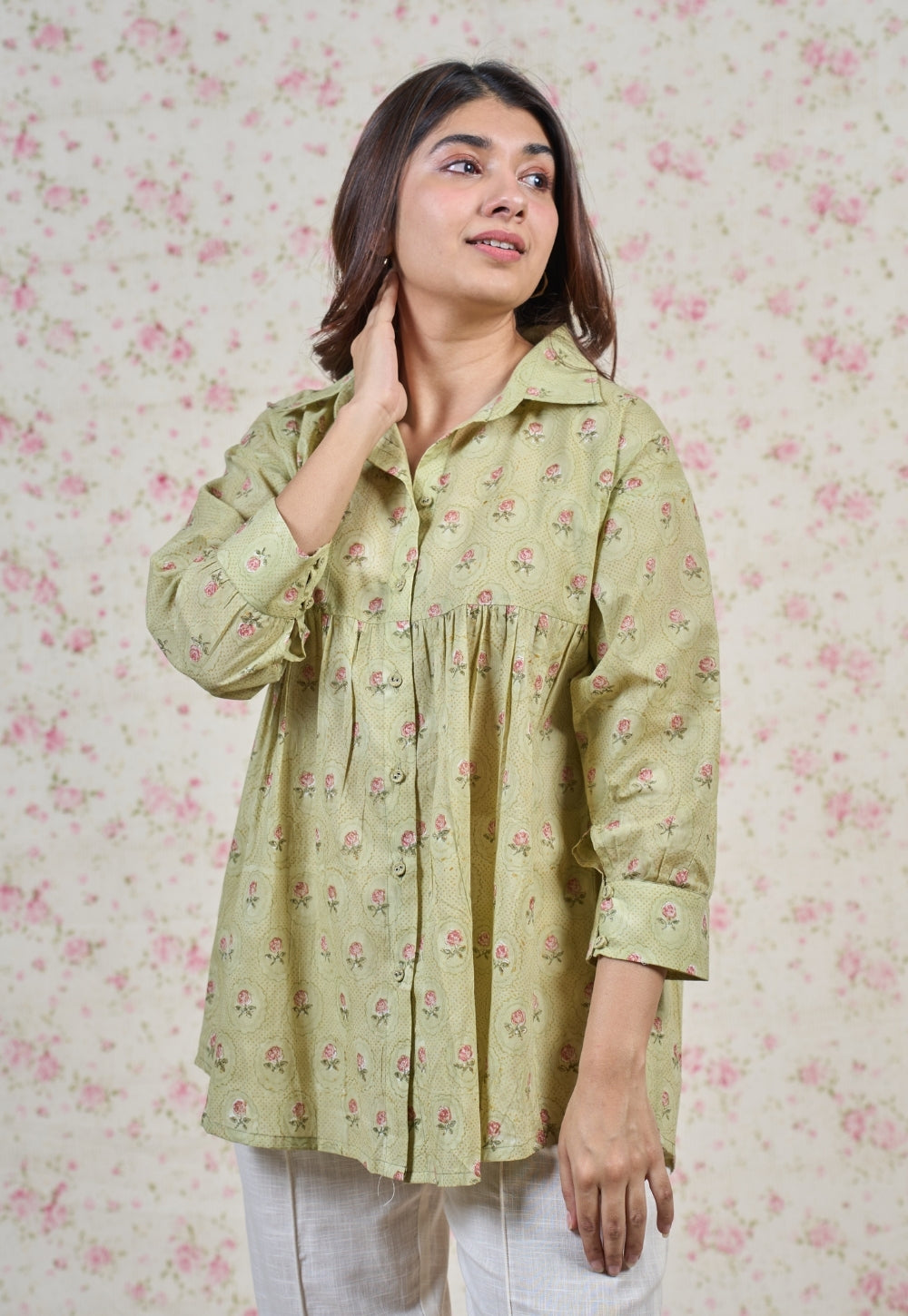 Enola Green Sanganeri Mul Cotton Straight Short Top
