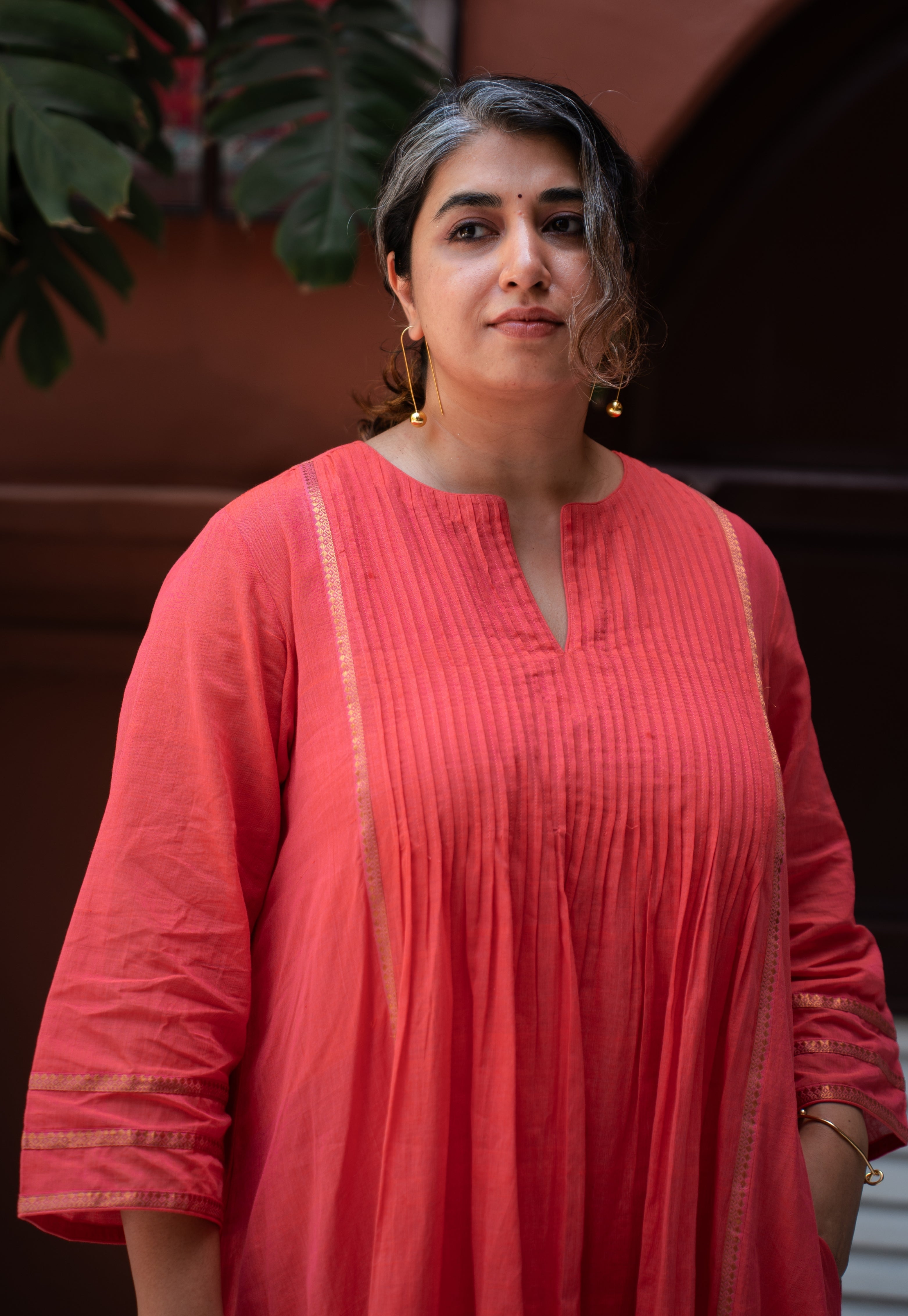 Ruhza Orange Mangalgiri Cotton Kali Kurta with Nizam Border