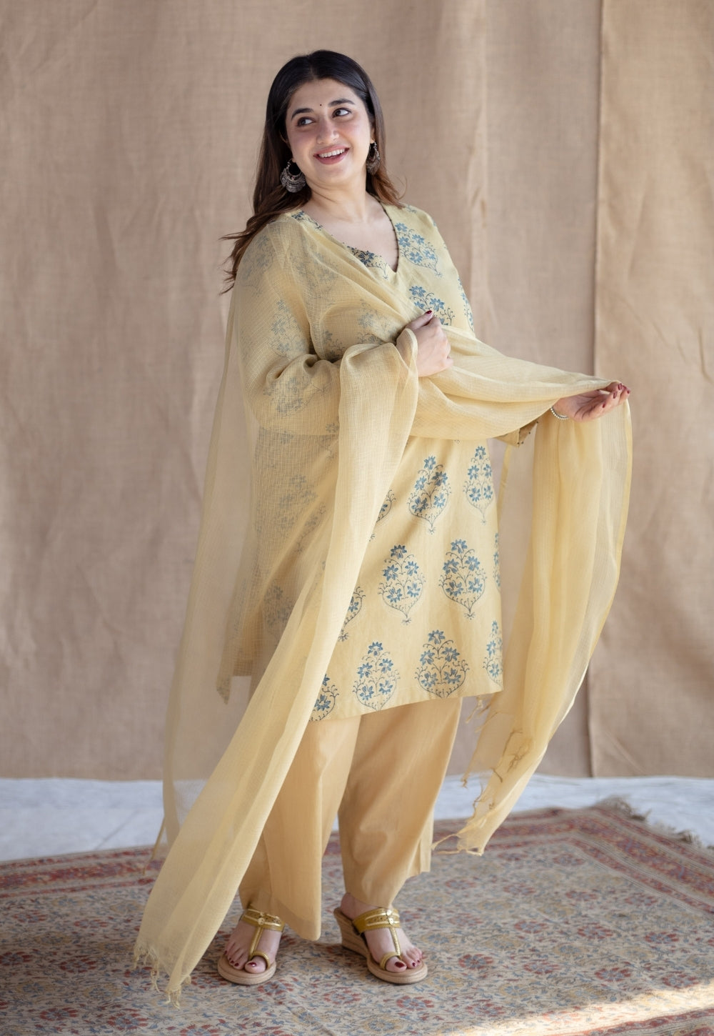 Kavya Yellow Ajrakh Cotton Straight Suit Set (Set of 3) – THE INDIAN ...