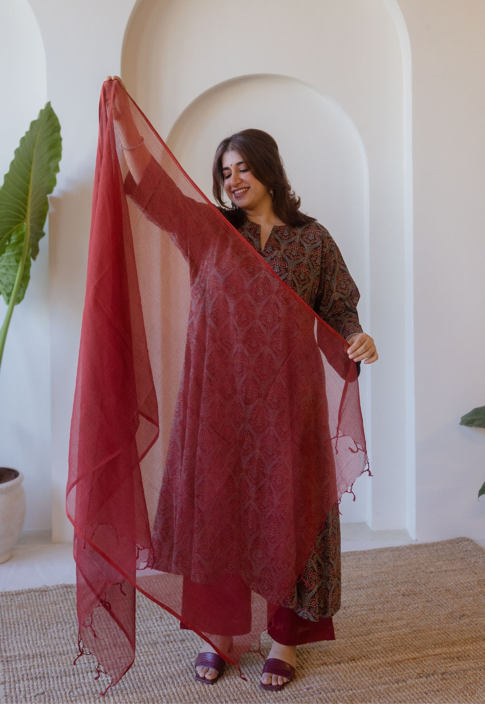 Red Solid Kota Doria Cotton Dupatta