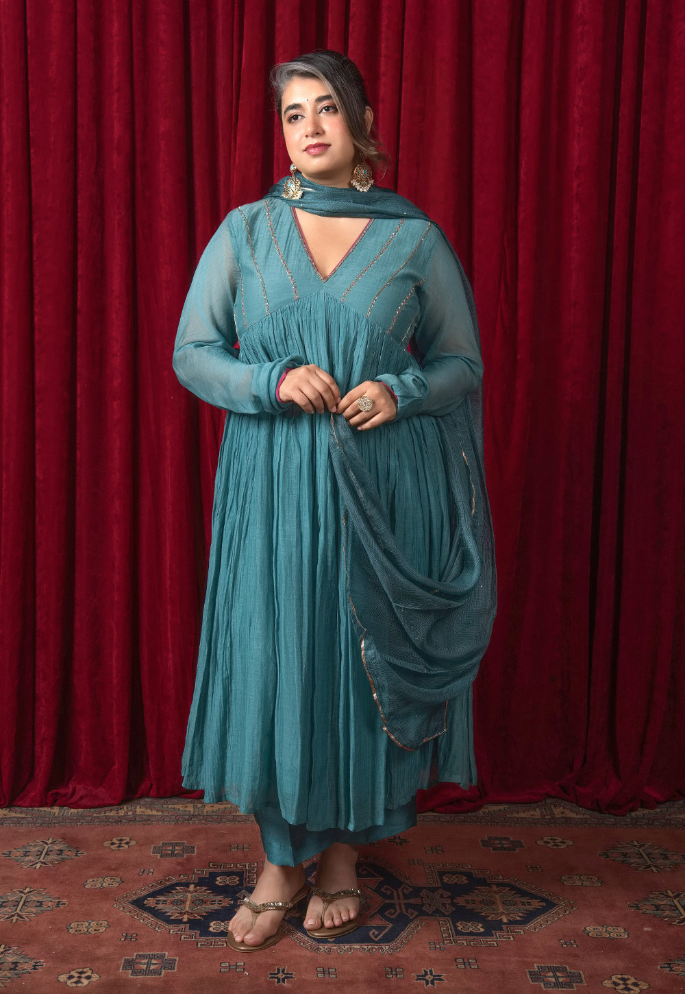 Green Solid Kota Doria Silk Dupatta with Mukaish Embroidery