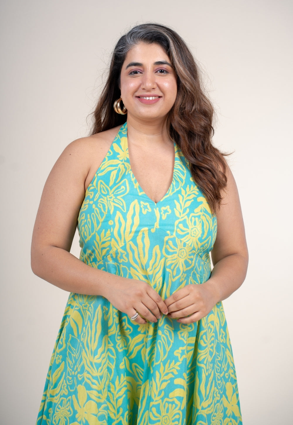 Mihira Blue Turquoise Printed Cotton A Line Dress