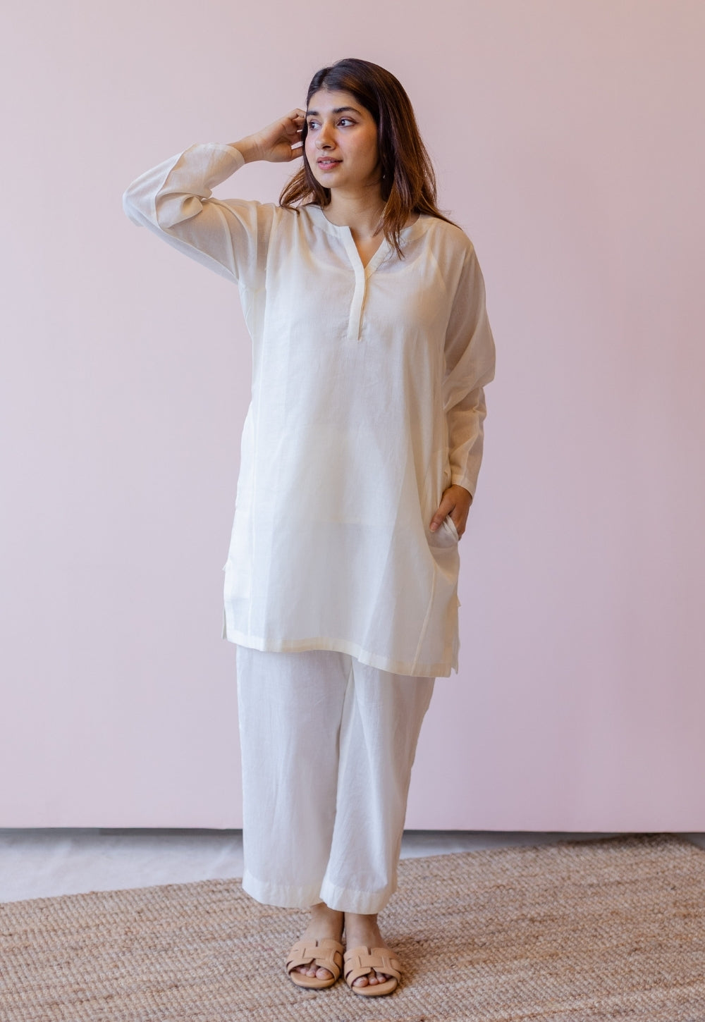 Veda Off White Solid Handloom Cotton A Line Kurta