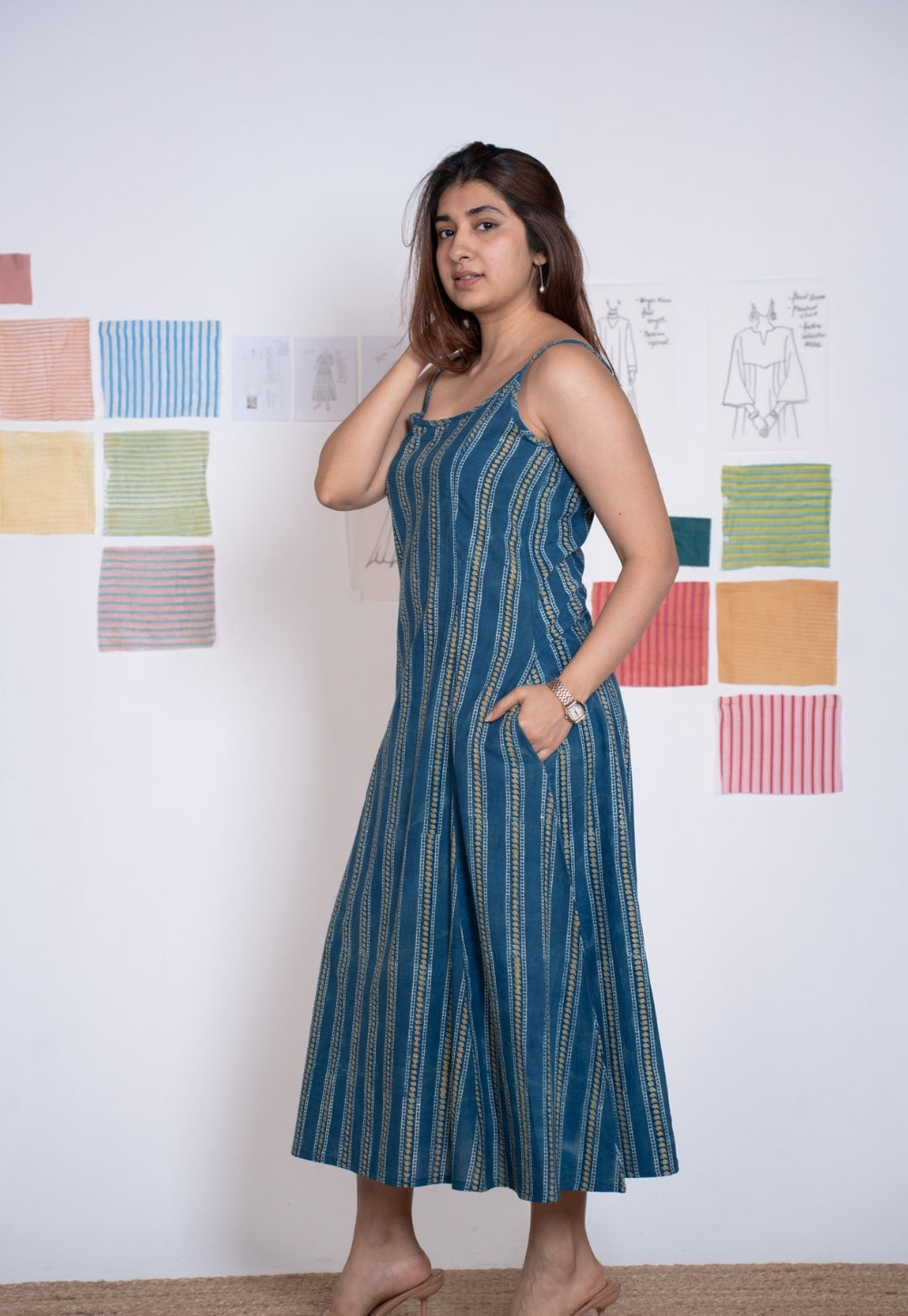 Viaana Blue Ajrakh Cotton A Line Dress