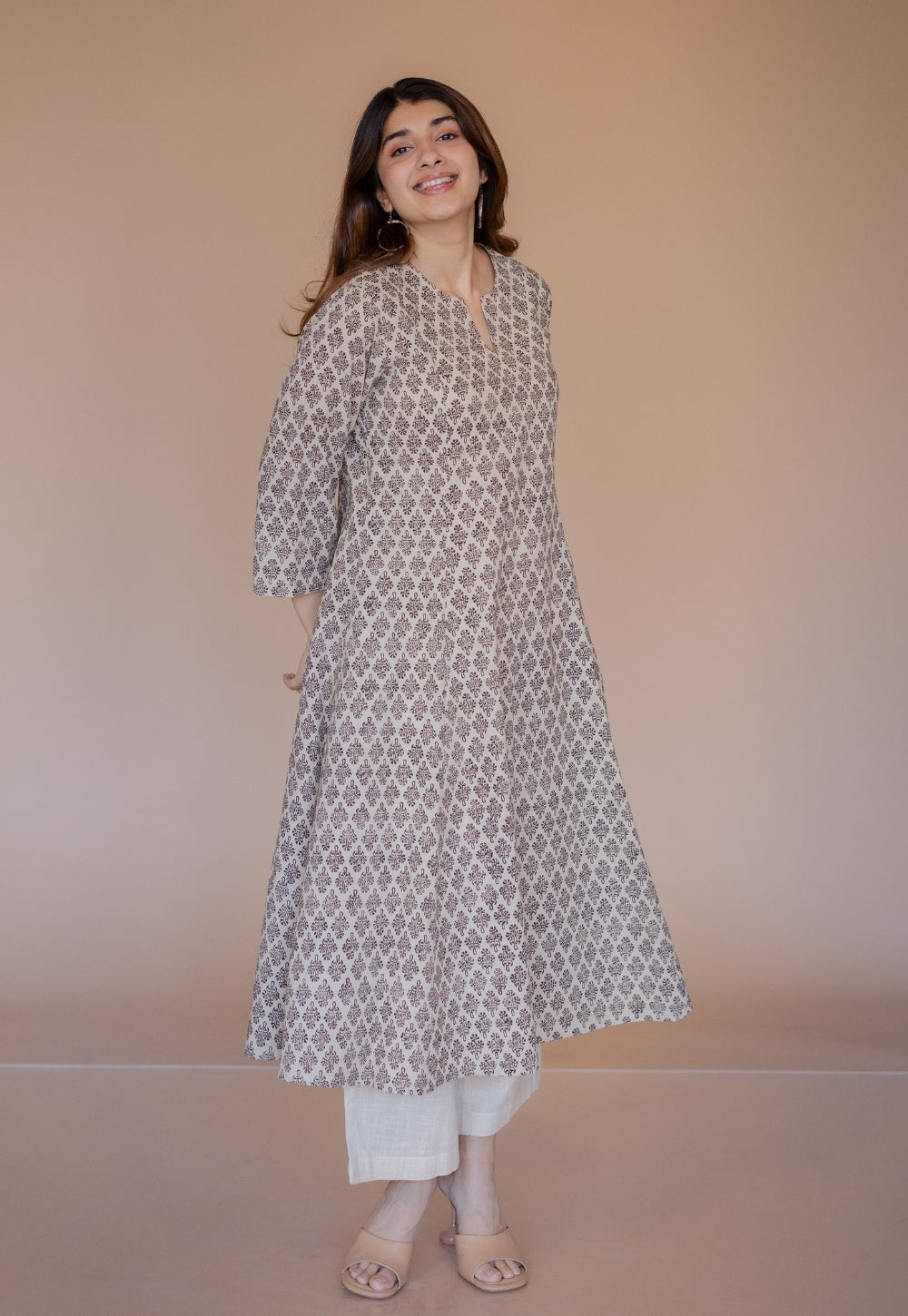 Malika Off White Bagru Cotton Kali Kurta