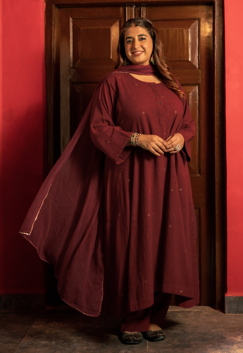 Alizah Maroon Rogan Handblock Printed Cotton Jhabbha Kali Suit Set (Set of 3)