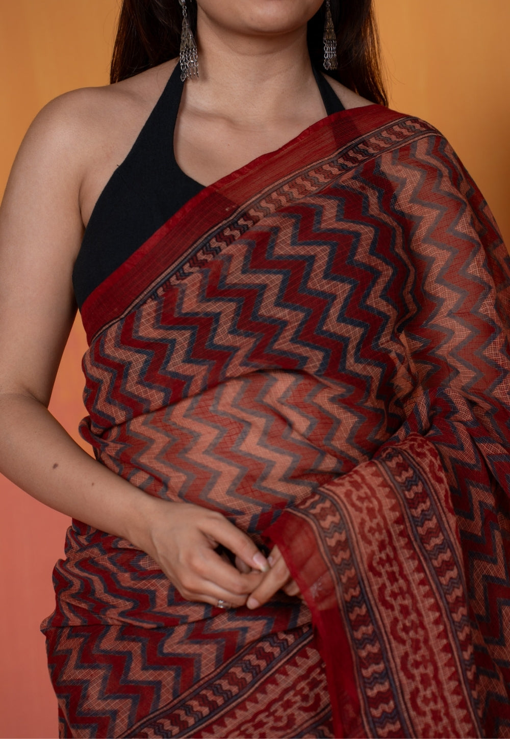 Red Chevron Ajrakh Hand Block Print Kota Doria Cotton Saree