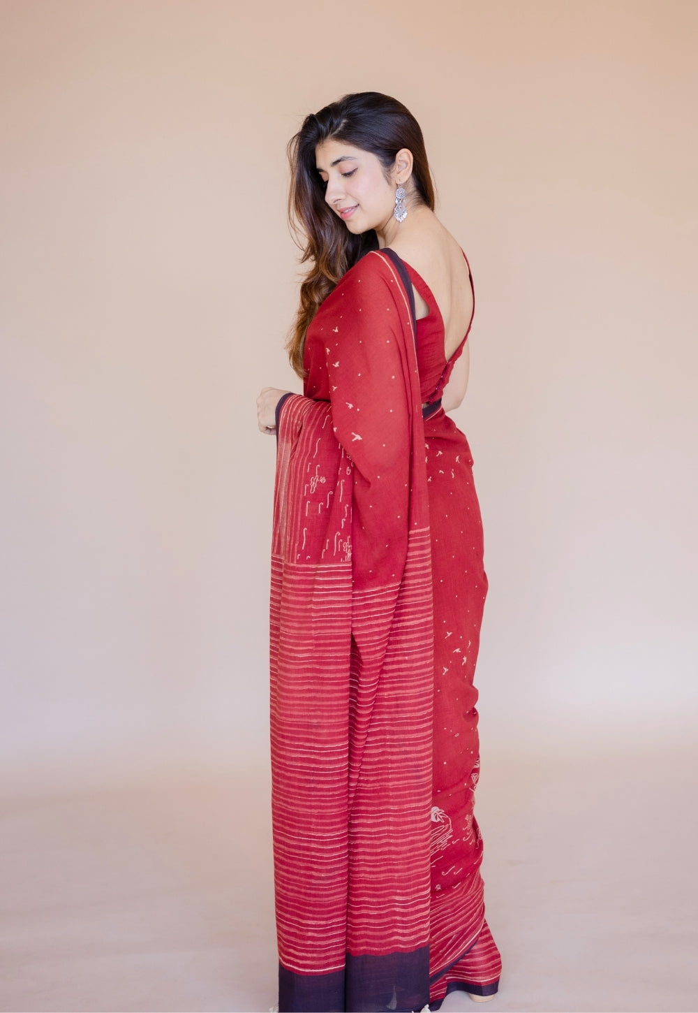 Red Stripes Ajrakh Hand Block Print Mul Saree