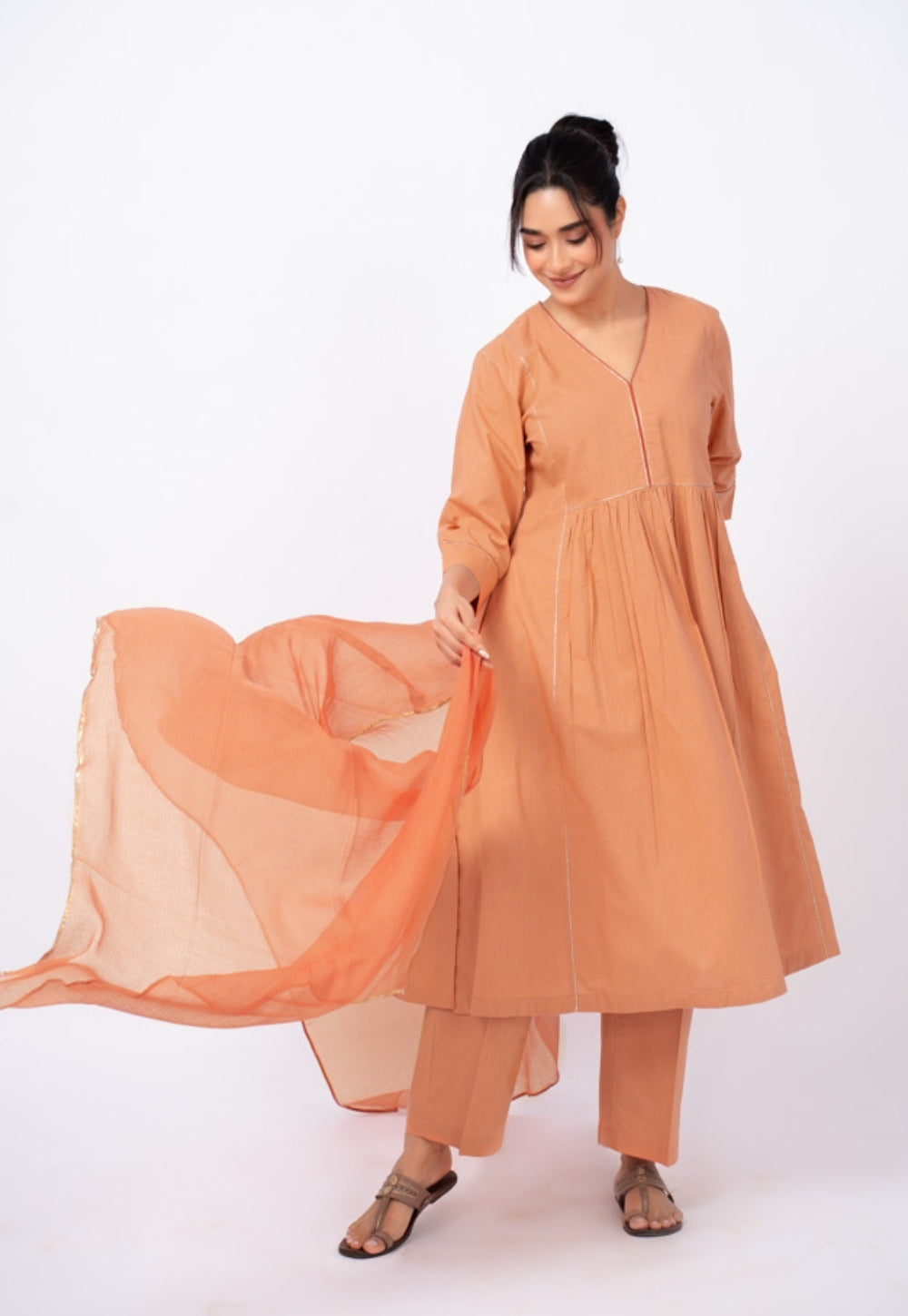 Urvi Orange Solid Slub Cotton Kali Kurta Suit Set with Solid Dupatta (Set of 3)
