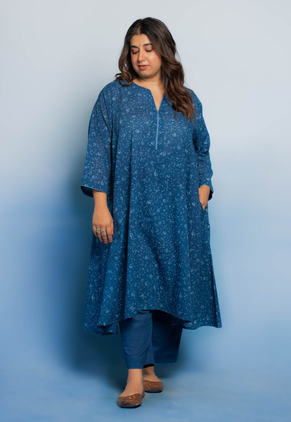 Garima Blue Dabu Mul Cotton Jhabbha Kali Kurta