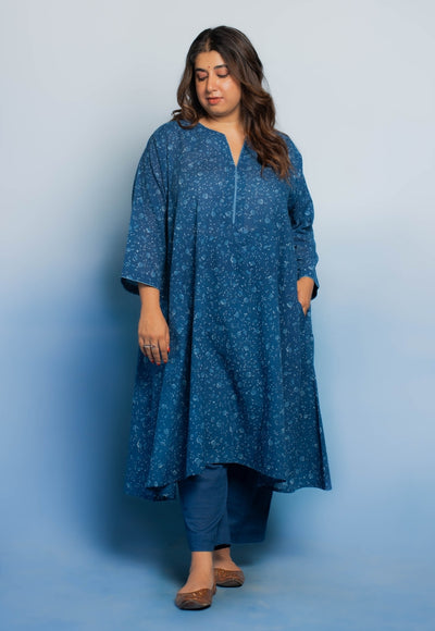 Garima Blue Dabu Mul Cotton Jhabbha Kali Kurta