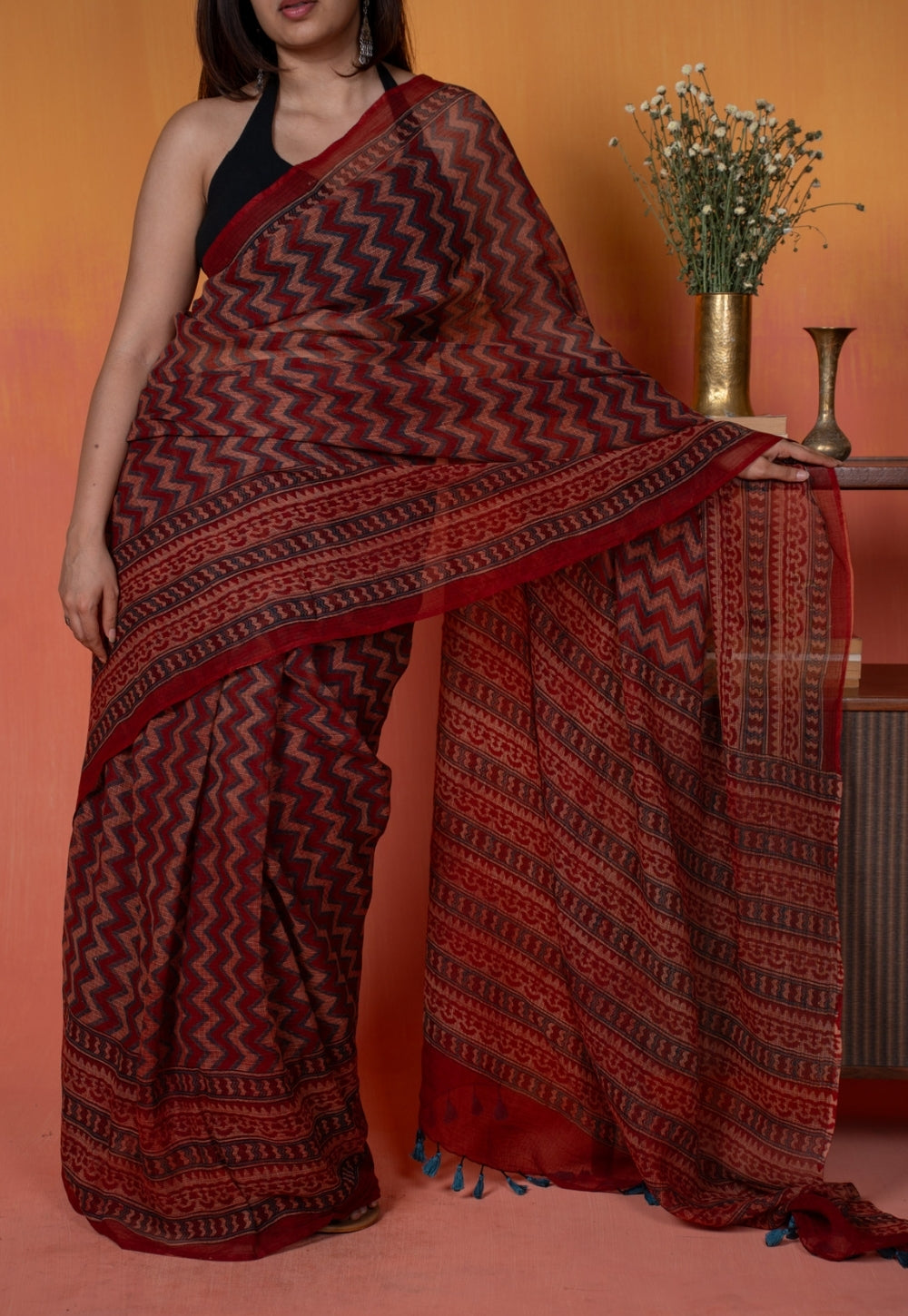 Red Chevron Ajrakh Hand Block Print Kota Doria Cotton Saree