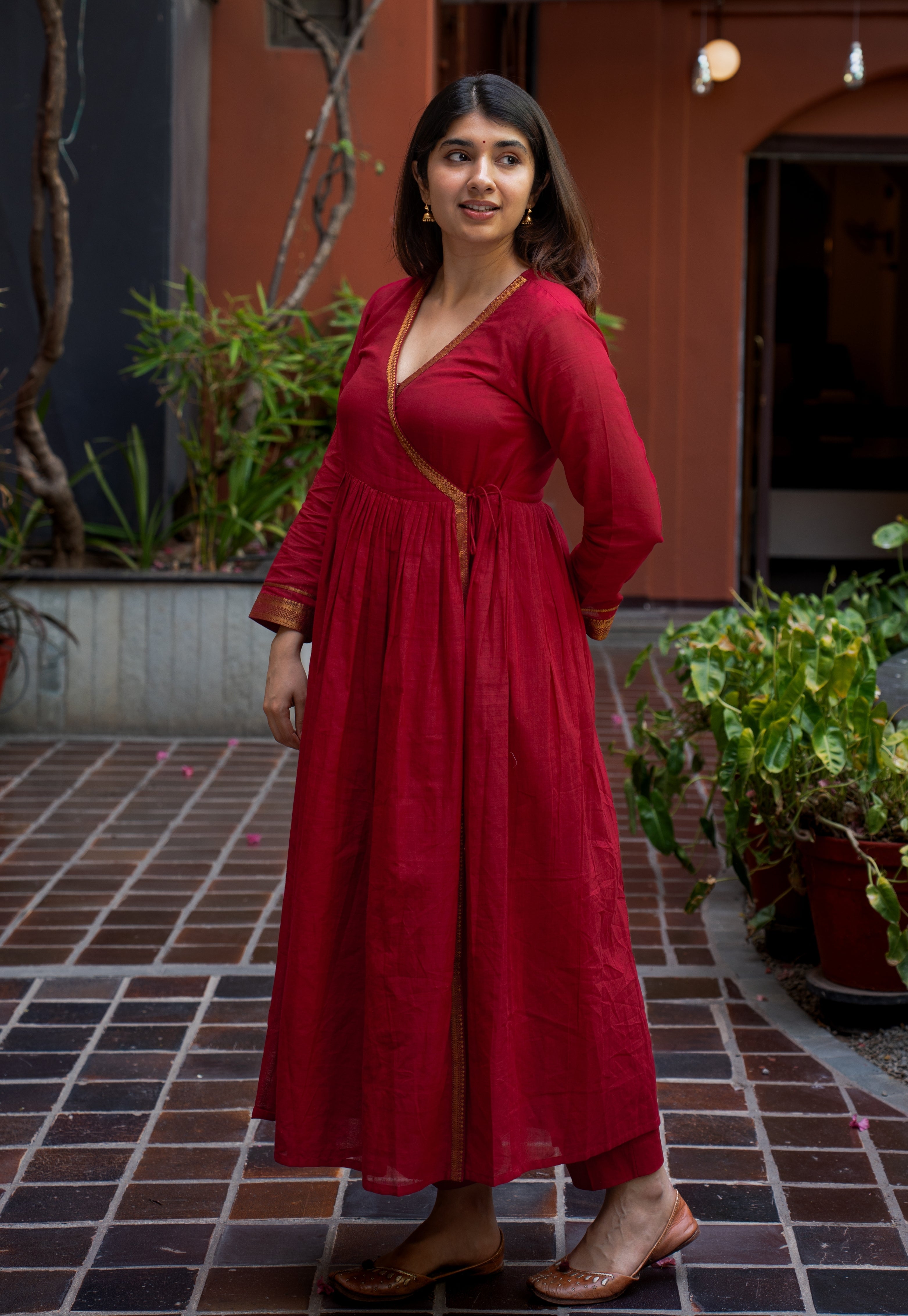 Jina Red Mangalgiri Cotton Angarakha Kurta with Nizam Border
