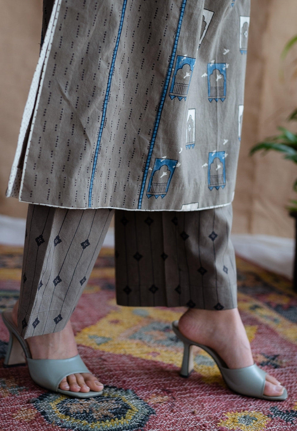 Yashi Warm Grey Ajrakh Cotton Straight Pant