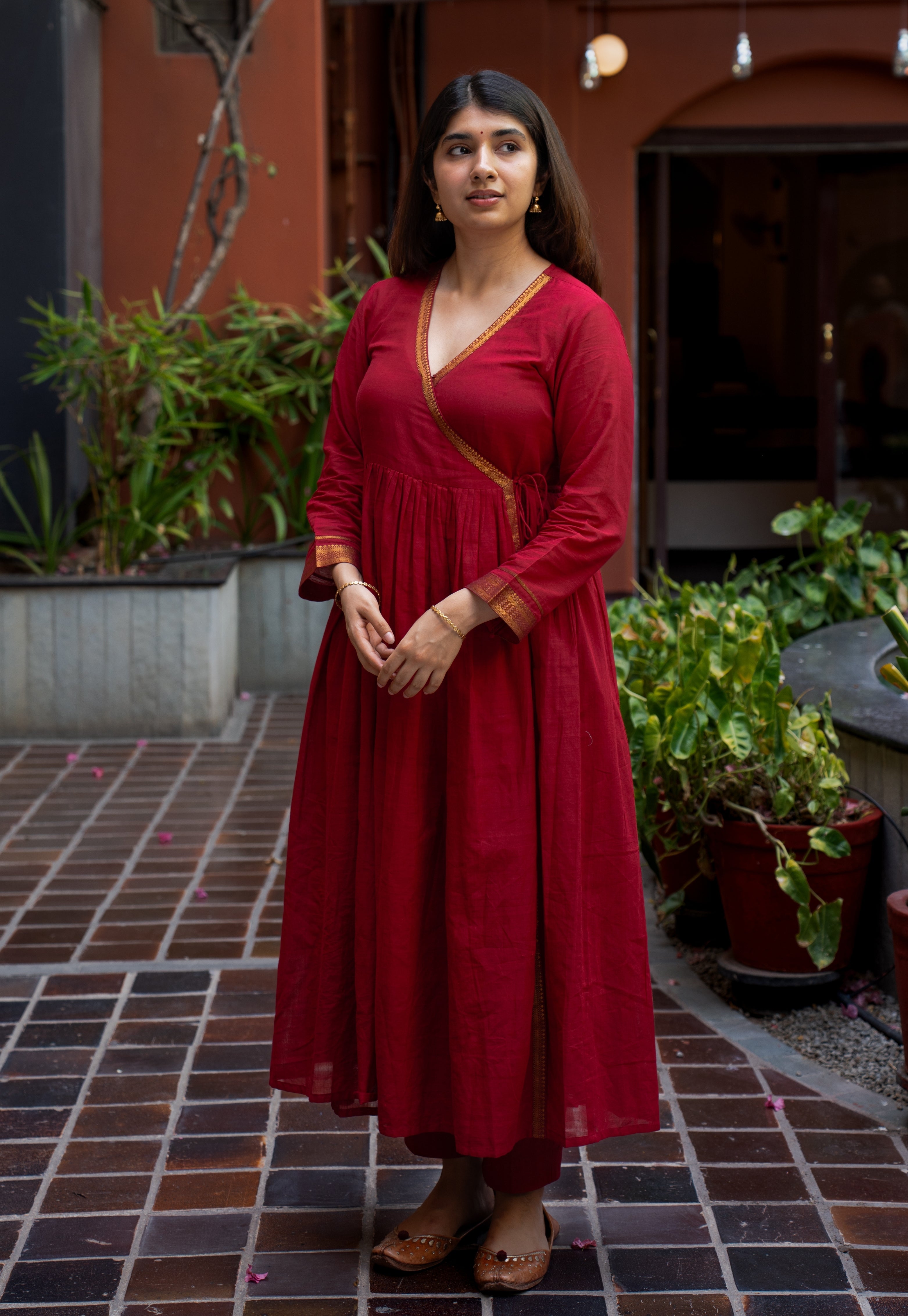 Prita Red Solid Cotton Flex Narrow Pant