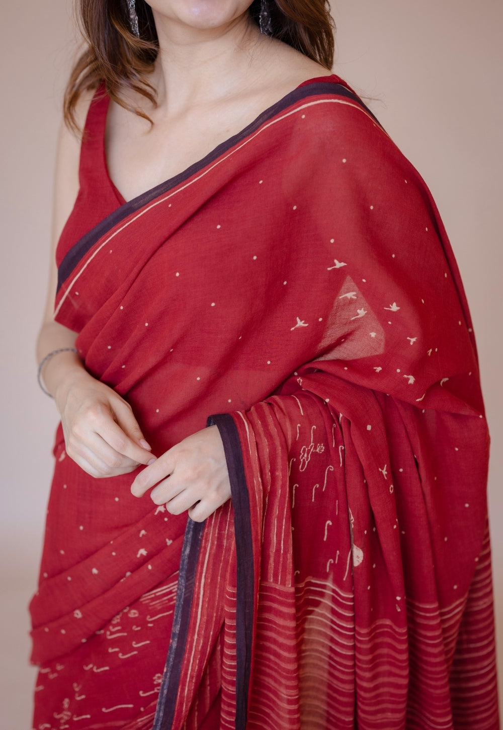 Red Stripes Ajrakh Hand Block Print Mul Saree