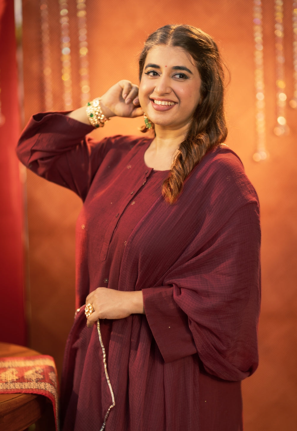 Alizah Maroon Rogan Handblock Printed Cotton Jhabbha Kali Suit Set (Set of 3)