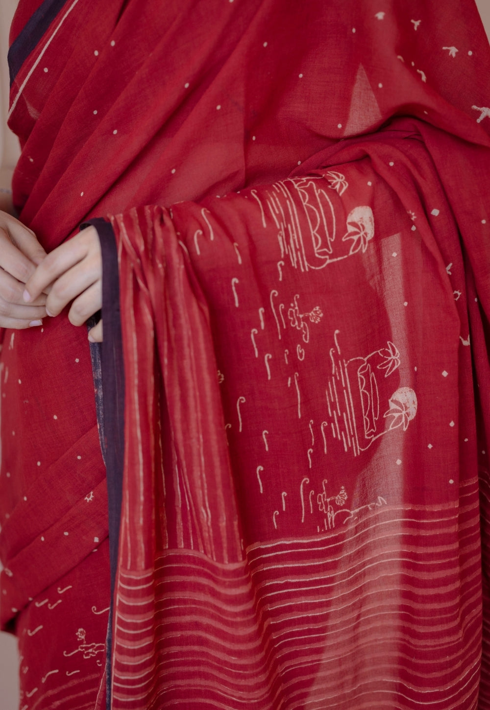 Red Stripes Ajrakh Hand Block Print Mul Saree