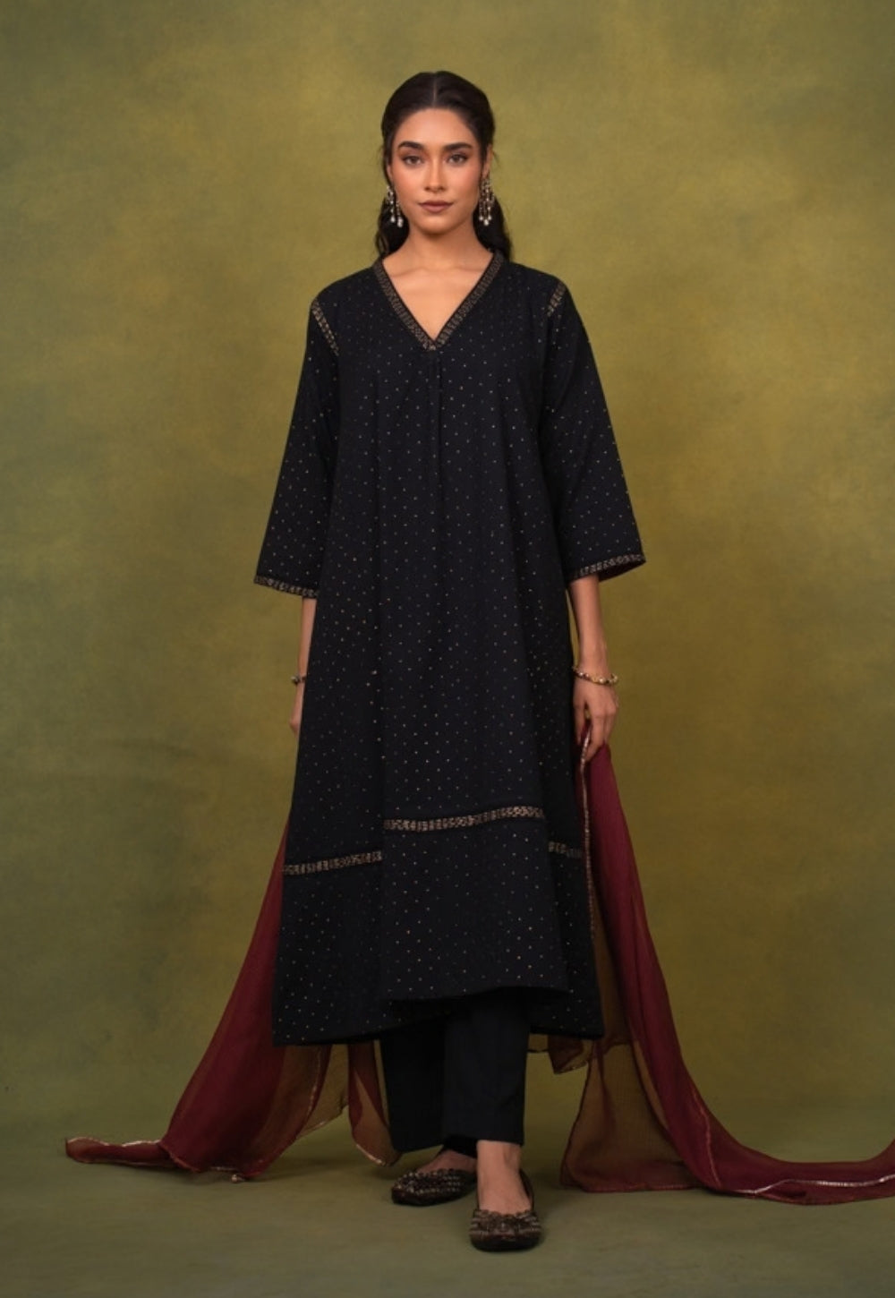 Qainat Black Rogan Handlock Printed Cotton Jhabbha Kali Kurta Suit Set (Set of 3)