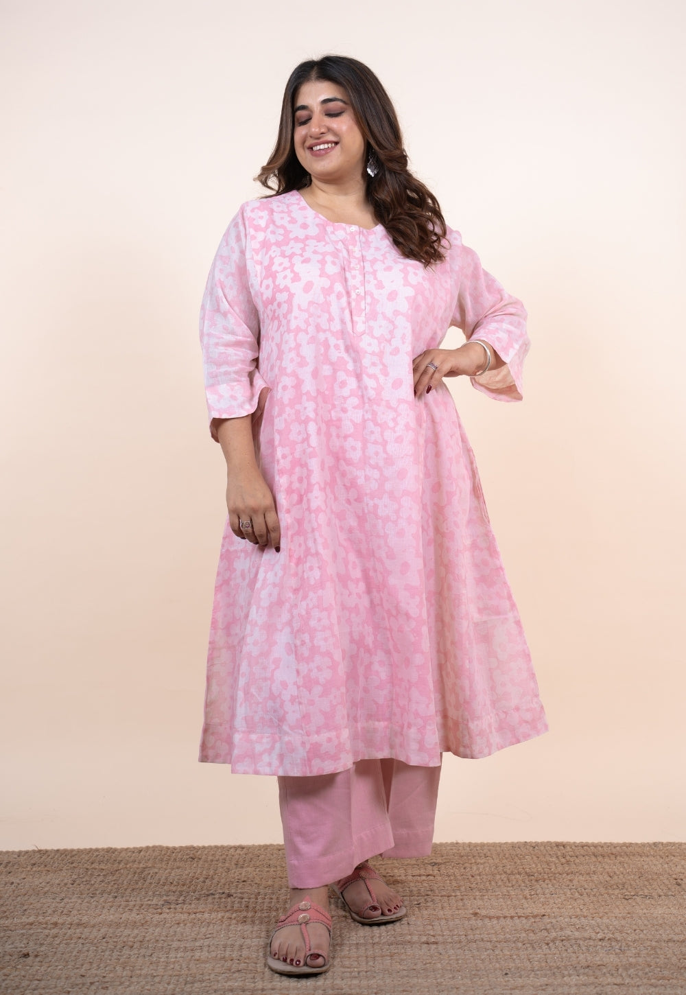 Sufia Pink Batik MulMul Jhabbha Kali Kurta
