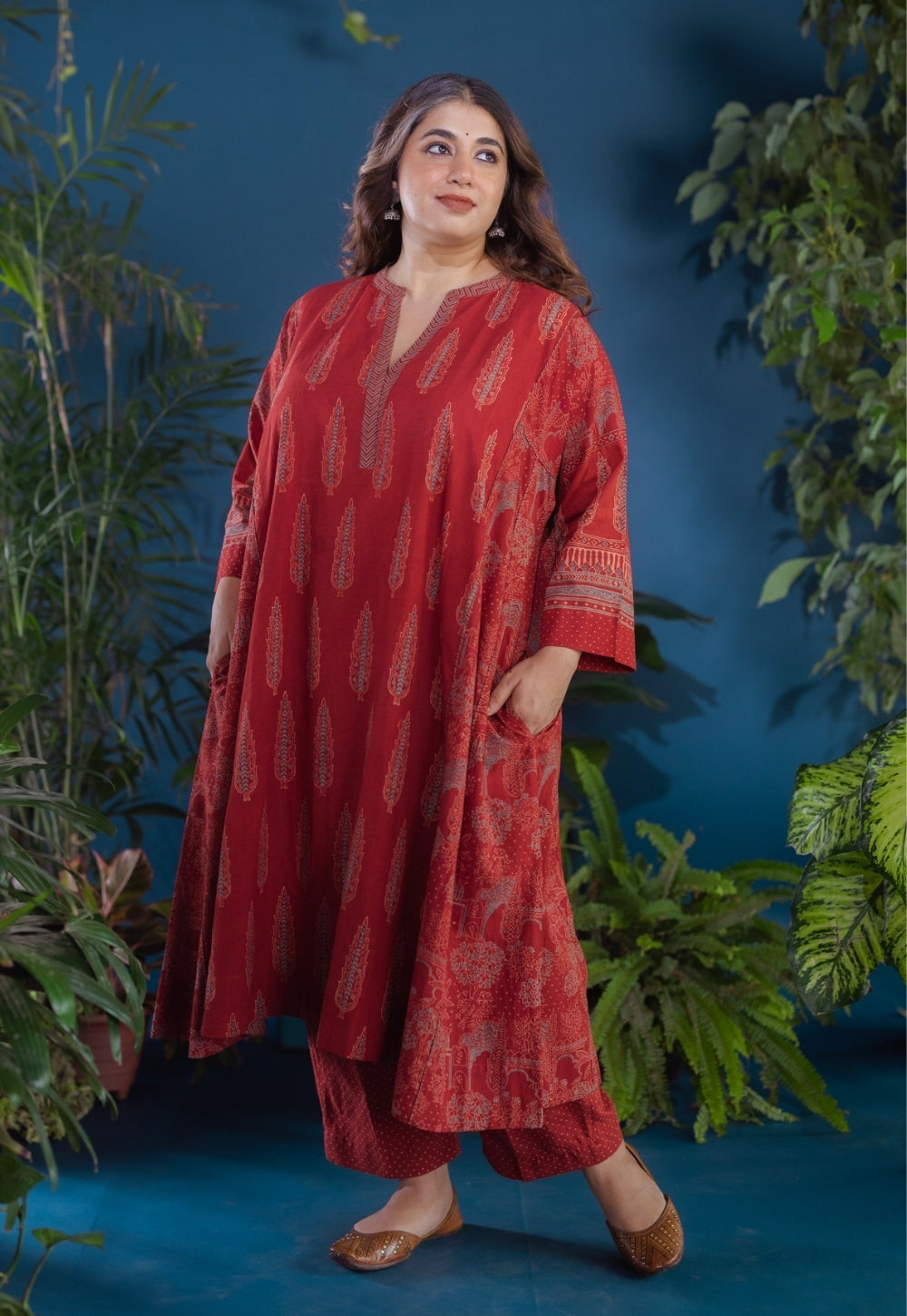 Ishvika Red Ajrakh Cotton Jhabbha Kali Kurta