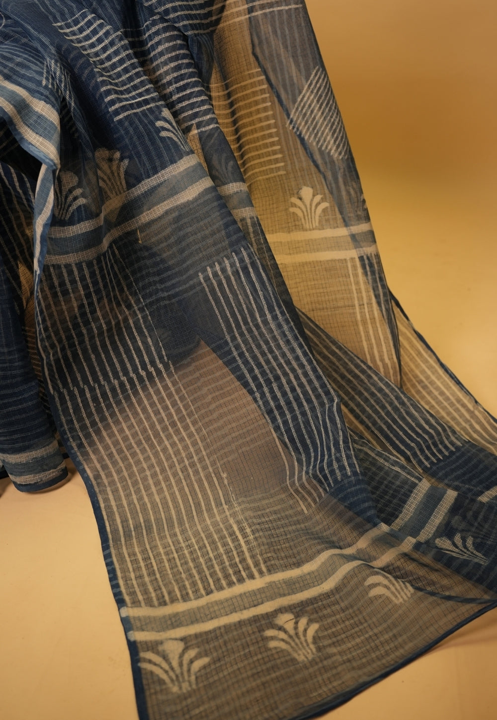 Blue Checks Dabu Hand Block Print Kota Doria Saree