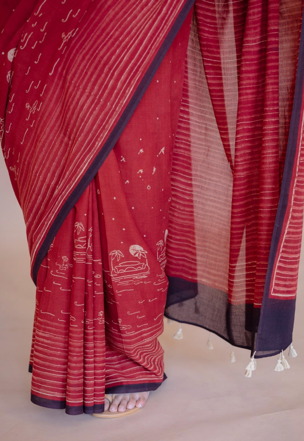 Red Stripes Ajrakh Hand Block Print Mul Saree
