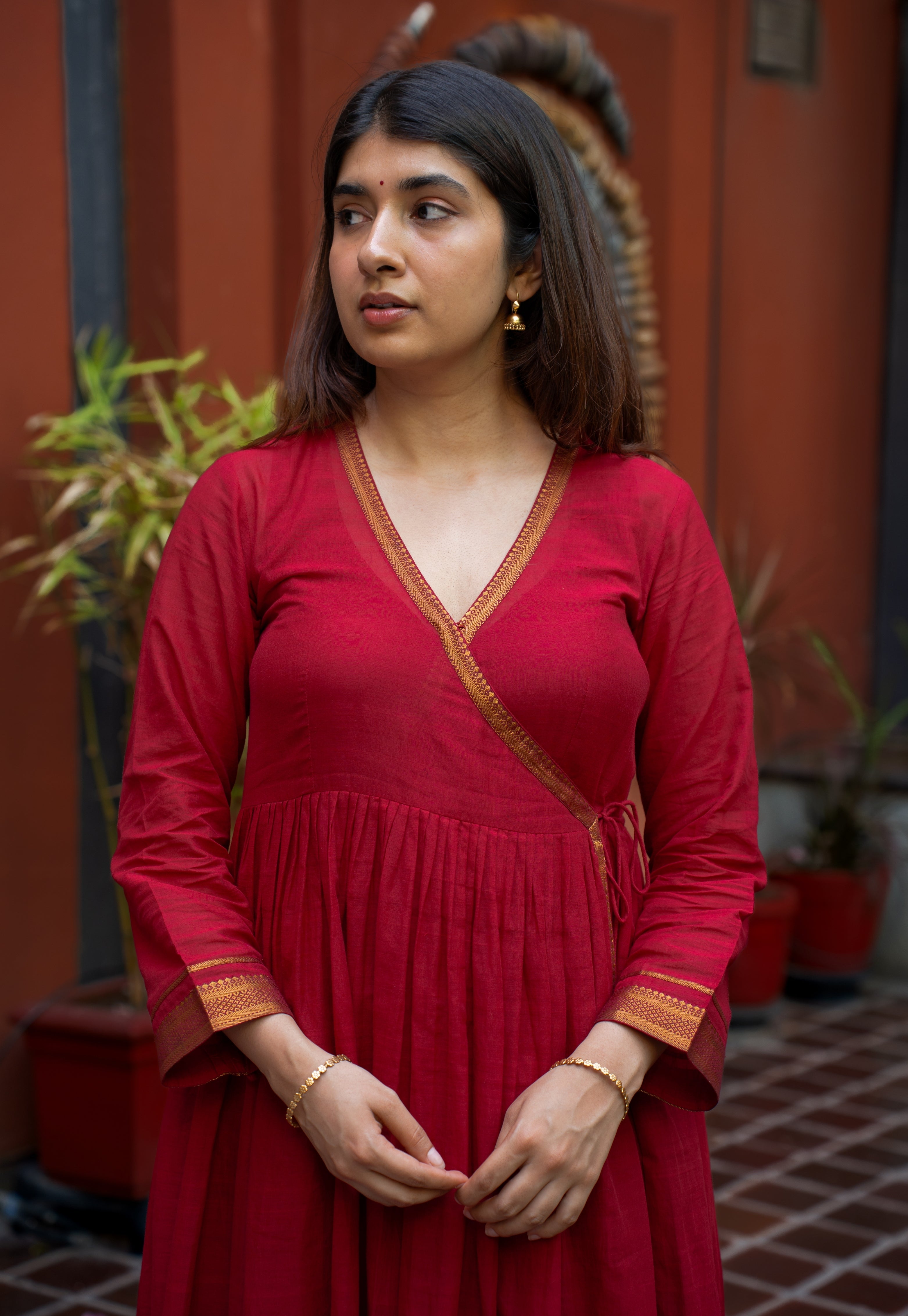 Jina Red Mangalgiri Cotton Angarakha Kurta with Nizam Border