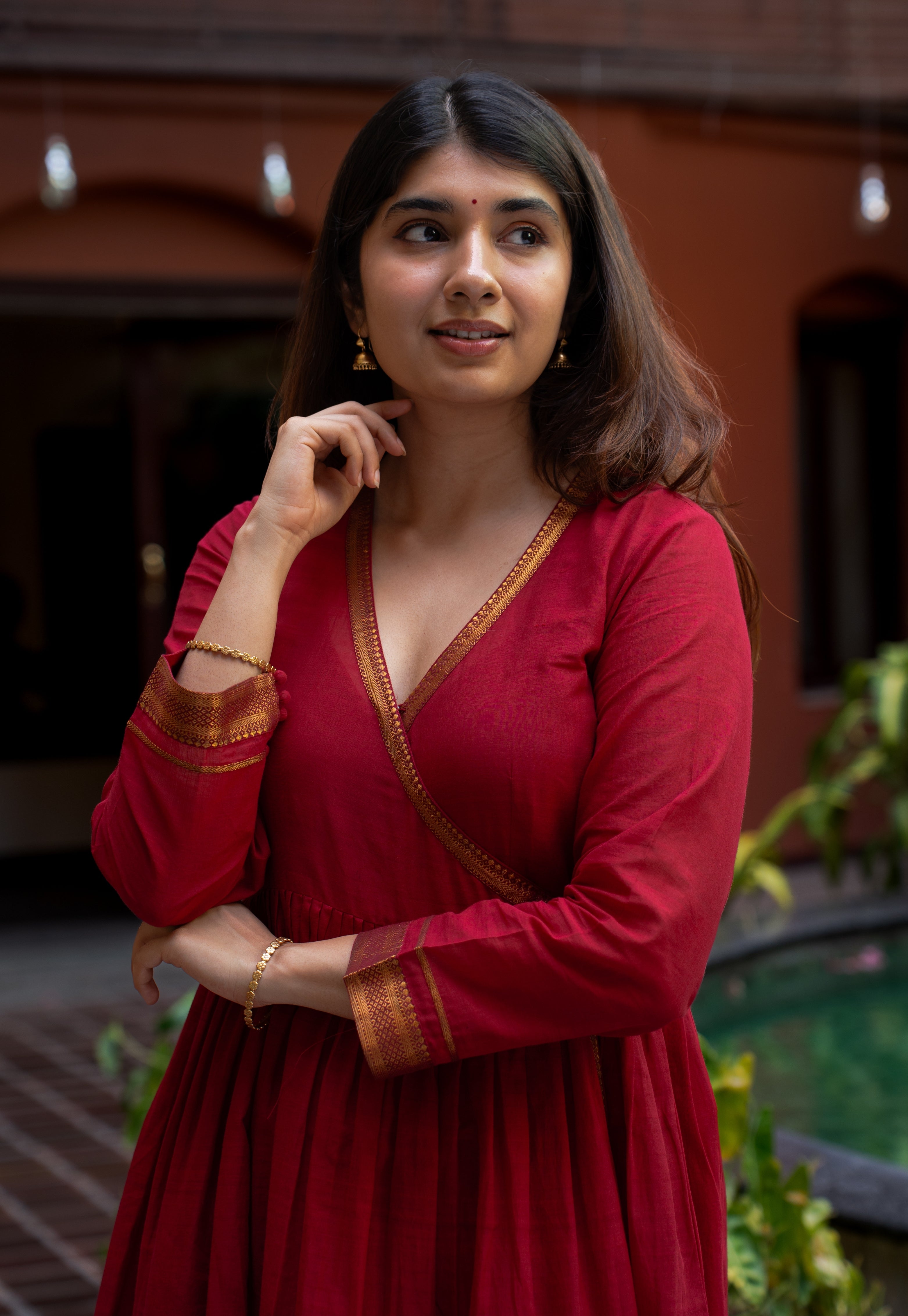 Jina Red Mangalgiri Cotton Angarakha Kurta with Nizam Border