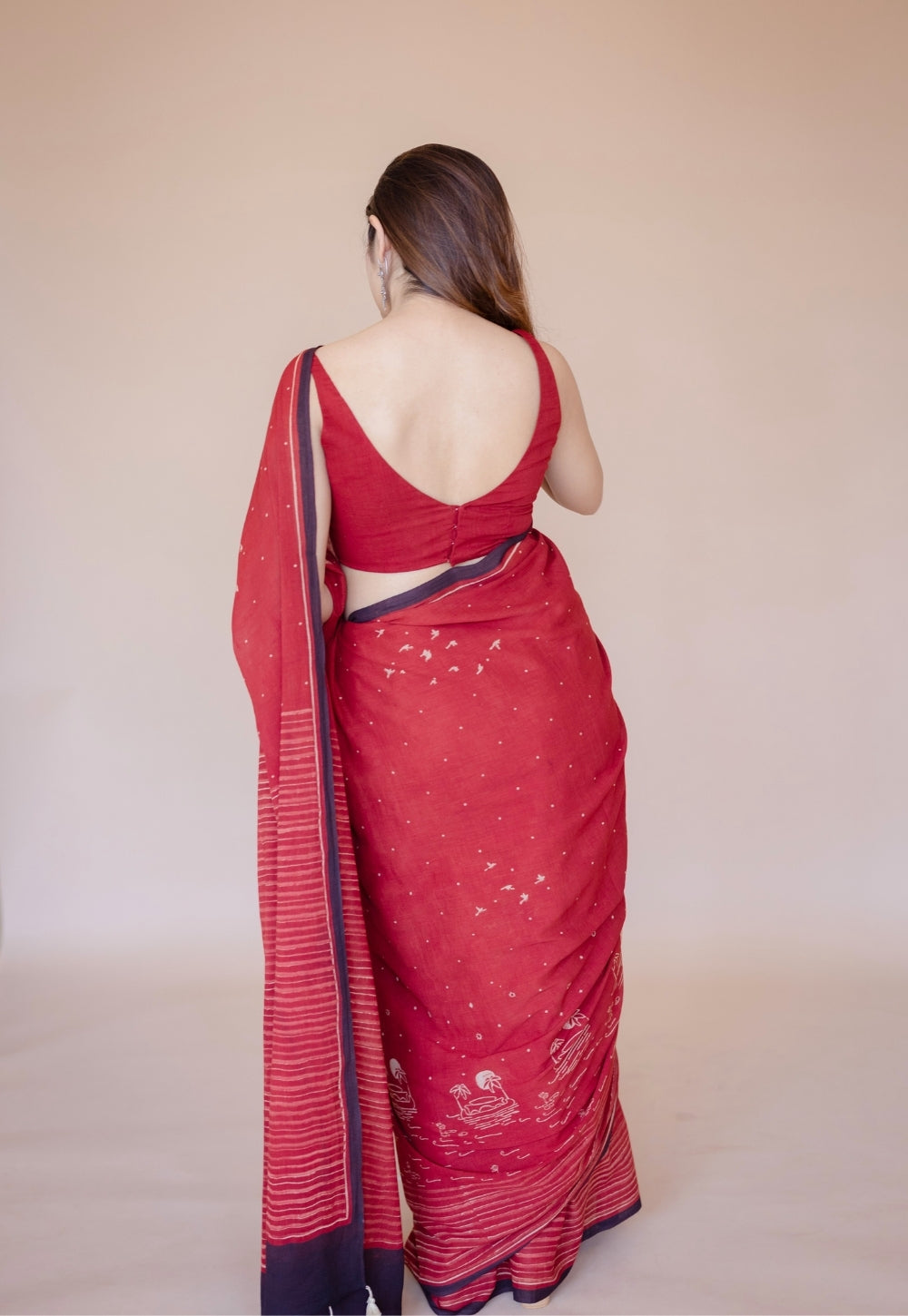 Red Stripes Ajrakh Hand Block Print Mul Saree