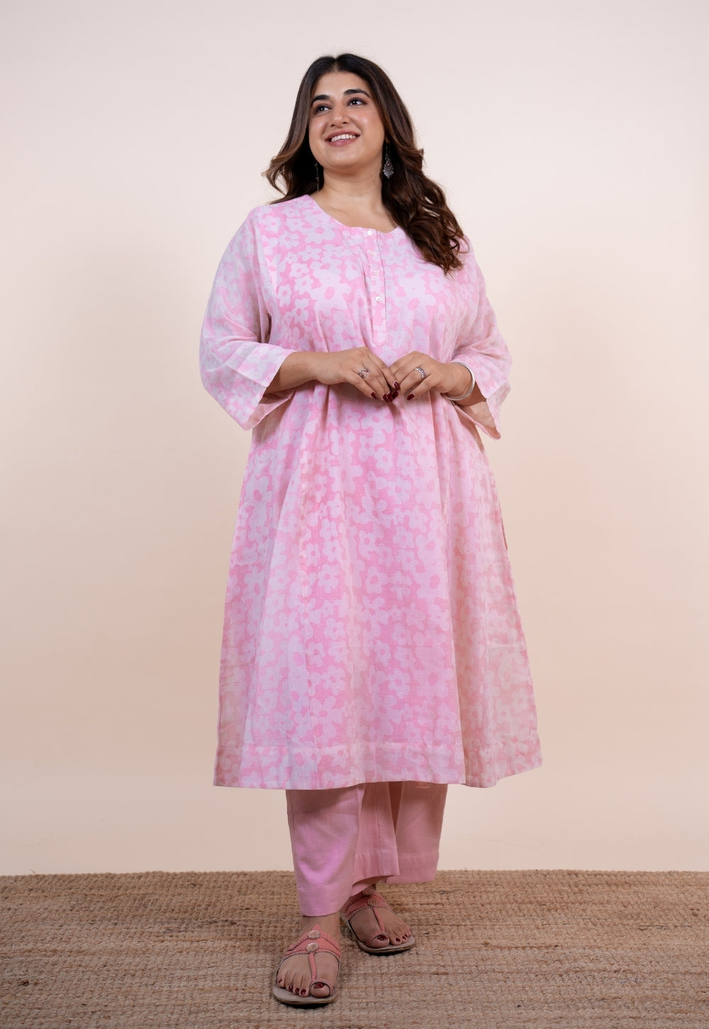 Sufia Pink Batik MulMul Jhabbha Kali Kurta