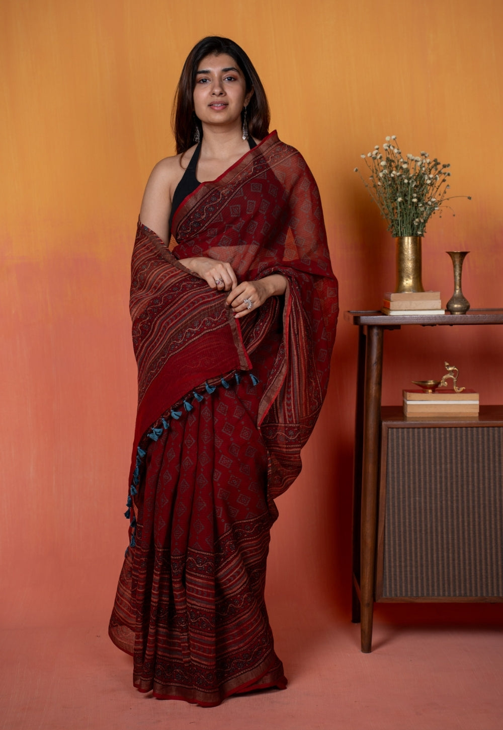 Red Aztec Ajrakh Hand Block Print Kota Doria Cotton Saree