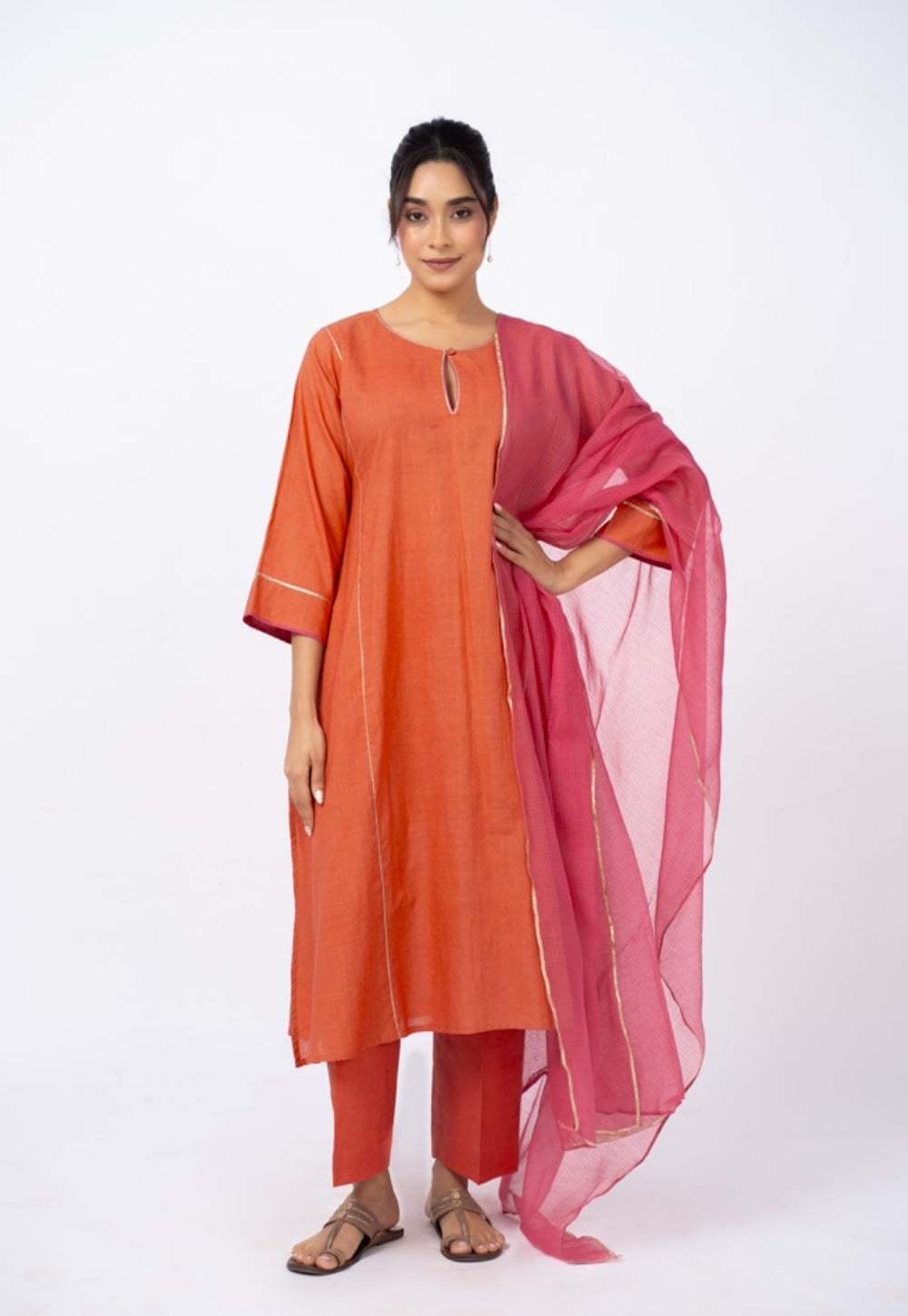 Adhya Orange Solid Slub Cotton Jhabbha Kali Kurta Suit Set with Solid Dupatta (Set of 3)