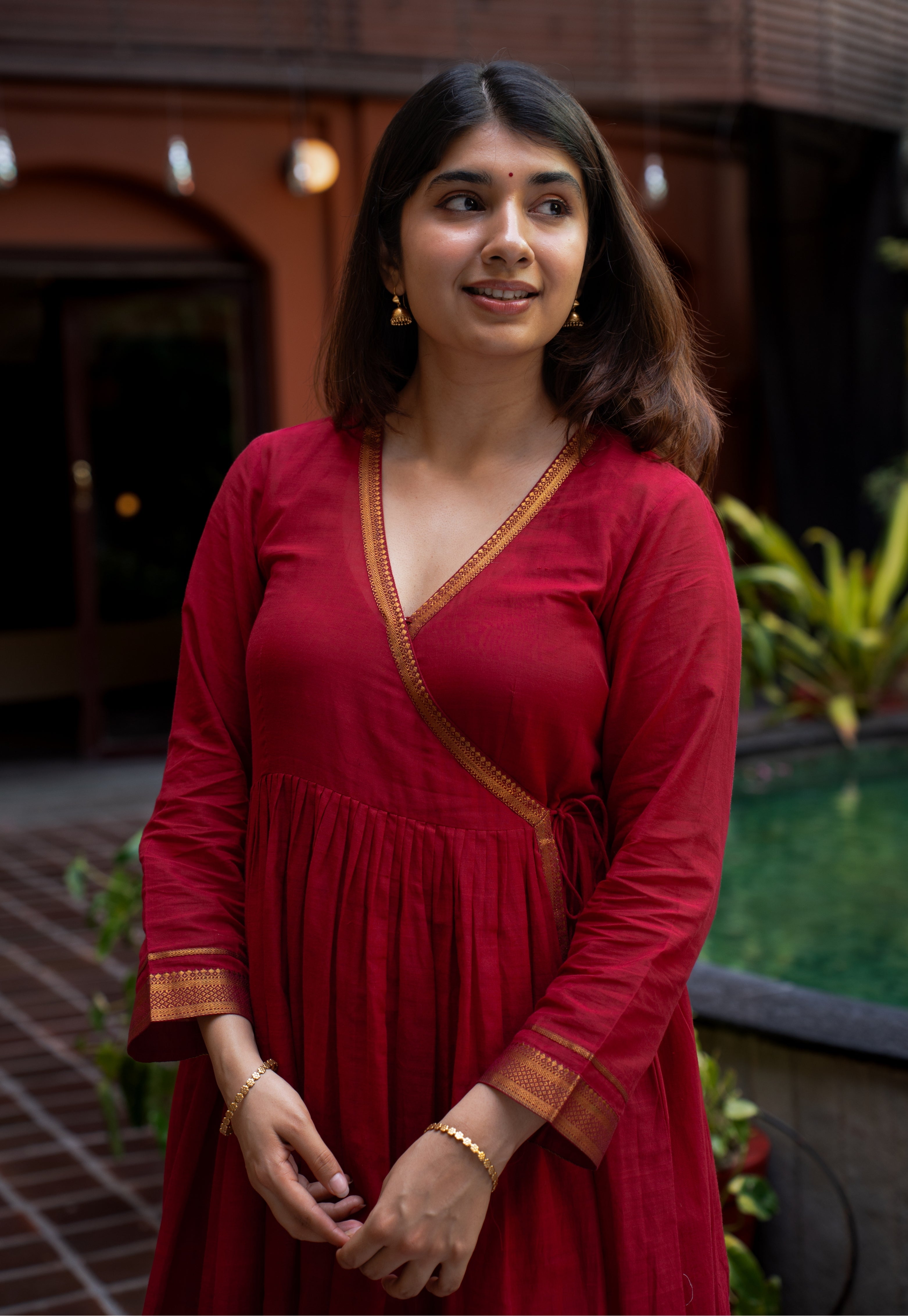 Jina Red Mangalgiri Cotton Angarakha Kurta with Nizam Border
