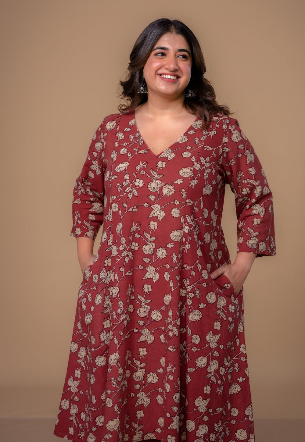 Smriti Red Dabu Slub Cotton Kali Kurta