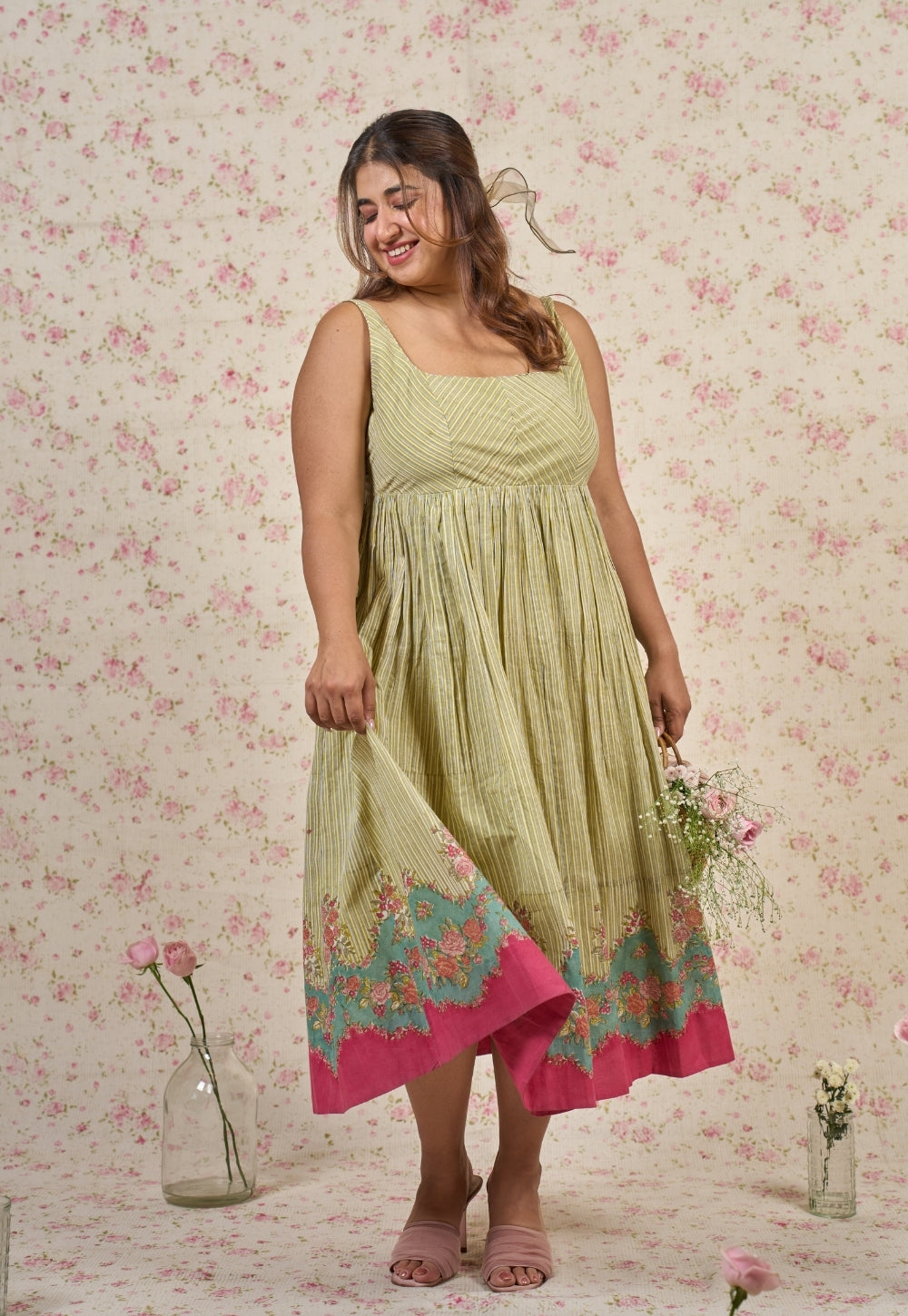 Fleur Green Sanganeri Mul Cotton A Line Dress
