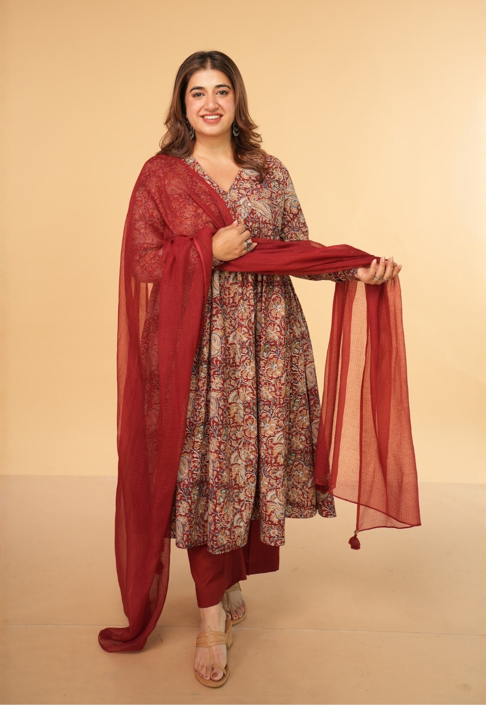 Farha Red Kalamkari Cotton A Line Kurta