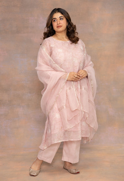 Rose Pink Sanganeri Chanderi Silk A Line Kurta with Mukaish Detailing