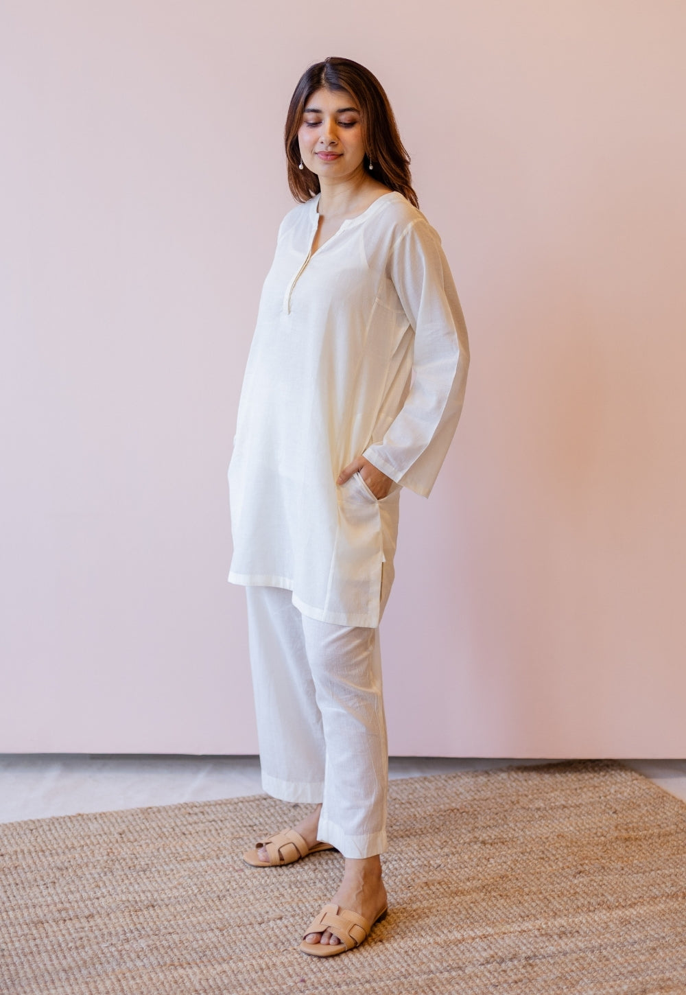 Veda Off White Solid Handloom Cotton A Line Kurta